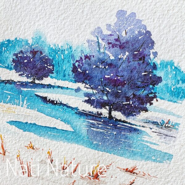 Arbres, rivière, neige, paysage aquarelle